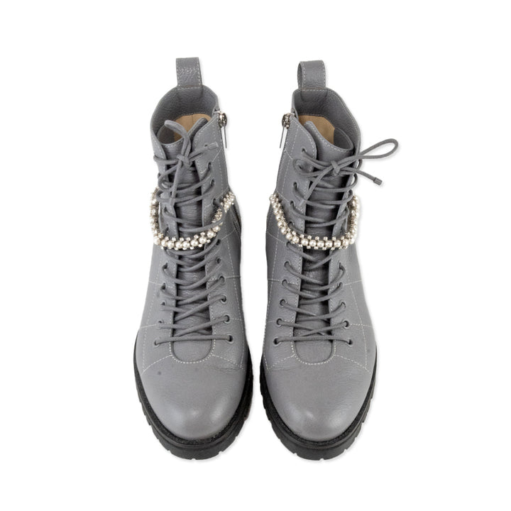 Jimmy Choo Cruz Crystal Embellished Gray Combat Boots