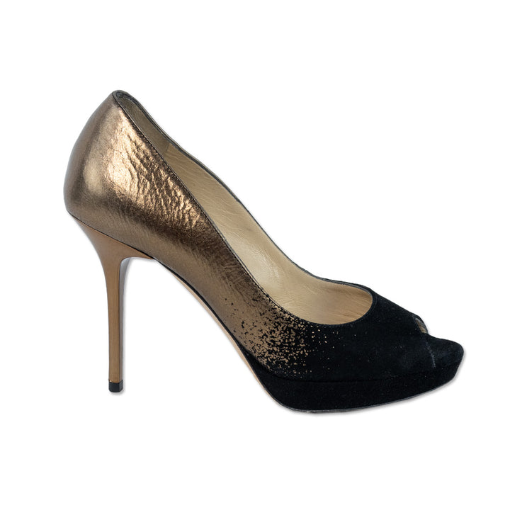 Jimmy Choo Metallic Gold Leather Black Suede Ombre Peep Toe Pumps