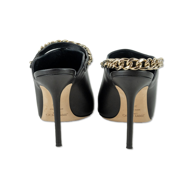 Jimmy Choo Lexx 100 Black Leather Gold Chain Mules