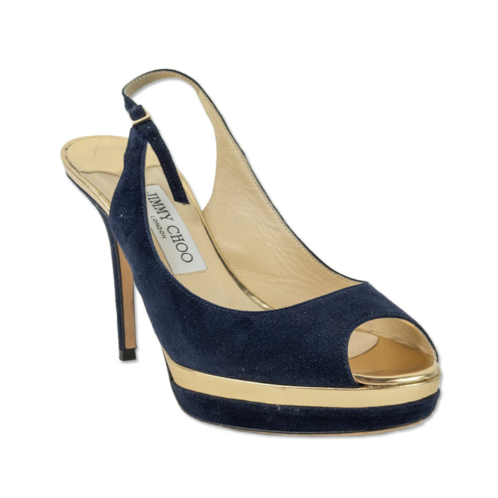 Jimmy Choo Navy Suede & Gold Mirror Leather Slingback Platform Pumps