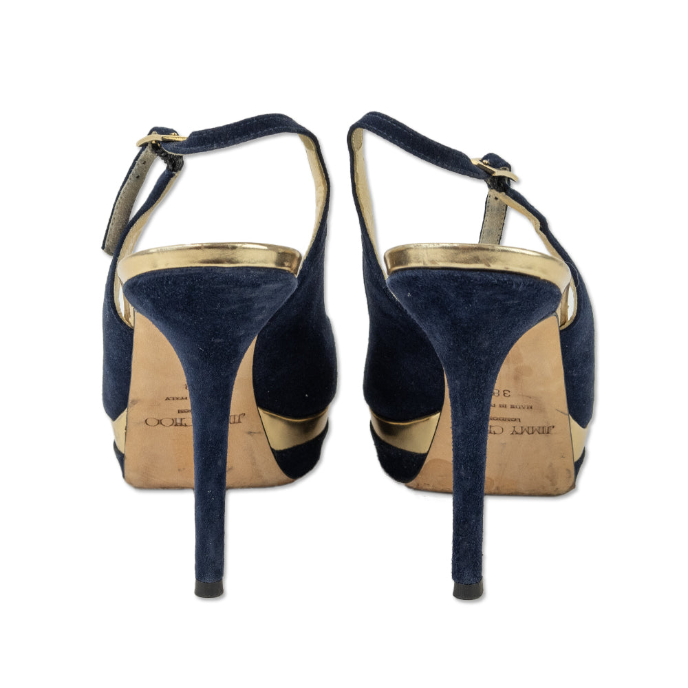 Jimmy Choo Navy Suede & Gold Mirror Leather Slingback Platform Pumps