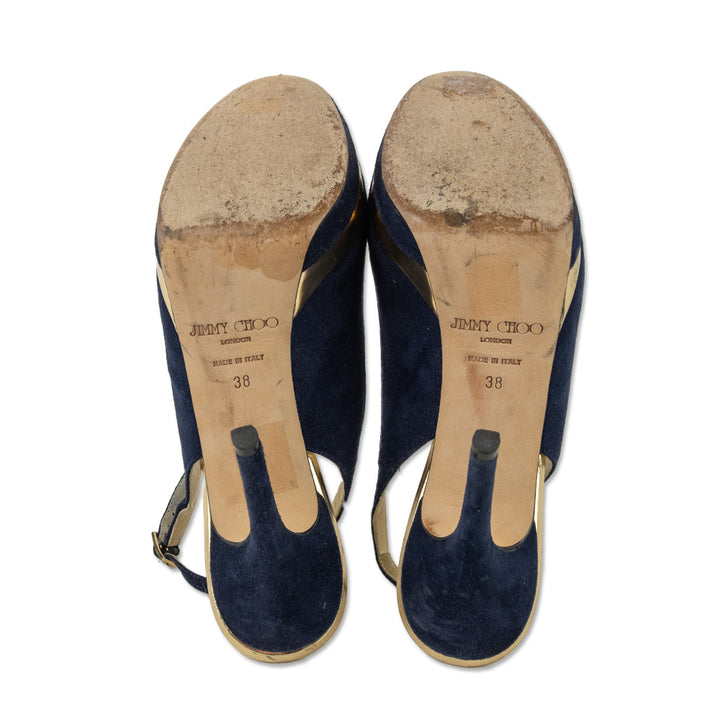 Jimmy Choo Navy Suede & Gold Mirror Leather Slingback Platform Pumps