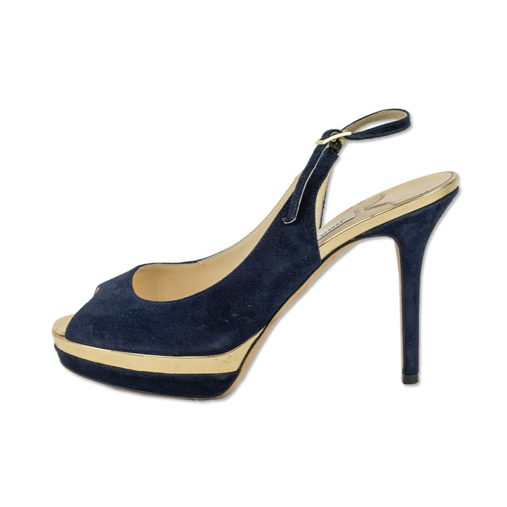 Jimmy Choo Navy Suede & Gold Mirror Leather Slingback Platform Pumps