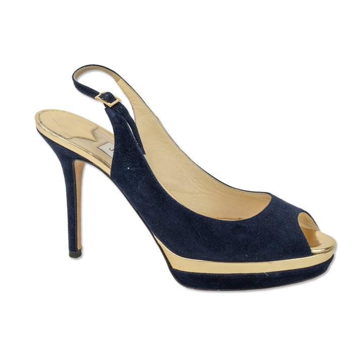 Jimmy Choo Navy Suede & Gold Mirror Leather Slingback Platform Pumps