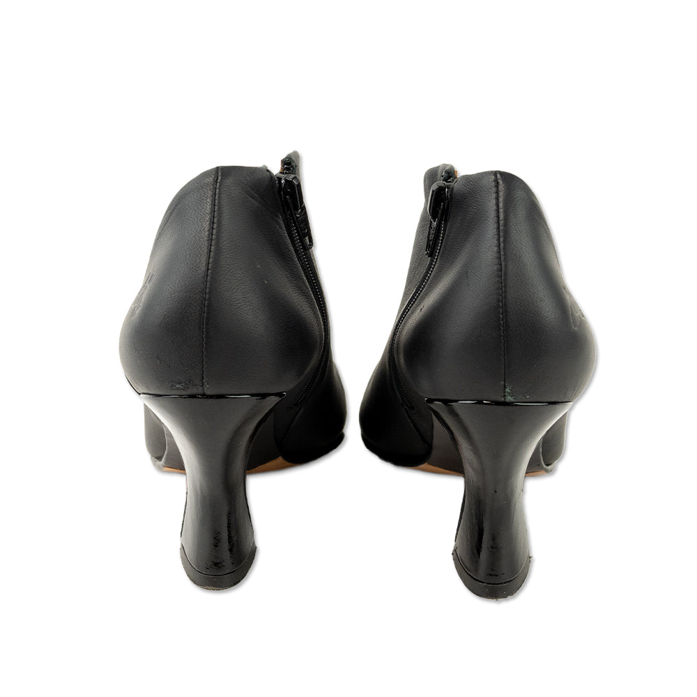 John Fluevog Black Leather Asymmetrical Heeled Booties