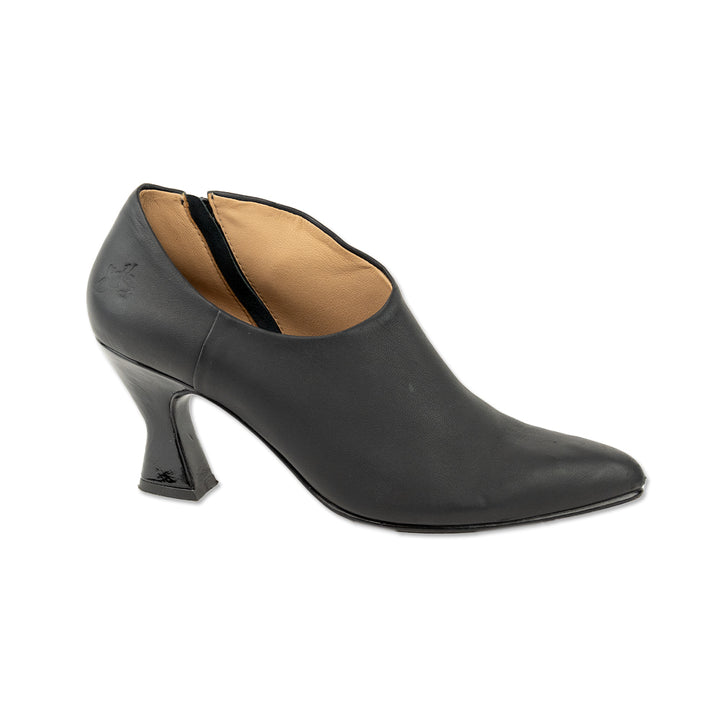 John Fluevog Black Leather Asymmetrical Heeled Booties