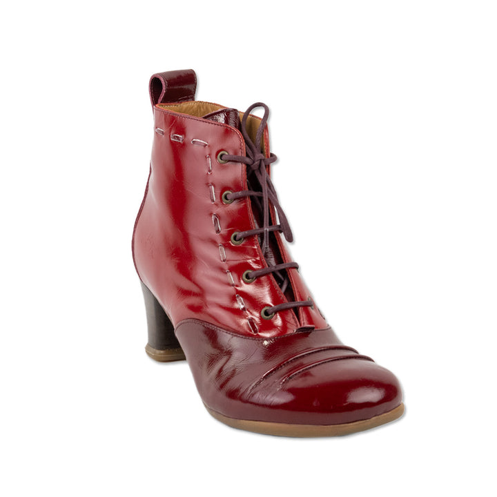 John Fluevog Red Patent Leather Lace Up Heeled Ankle Boots