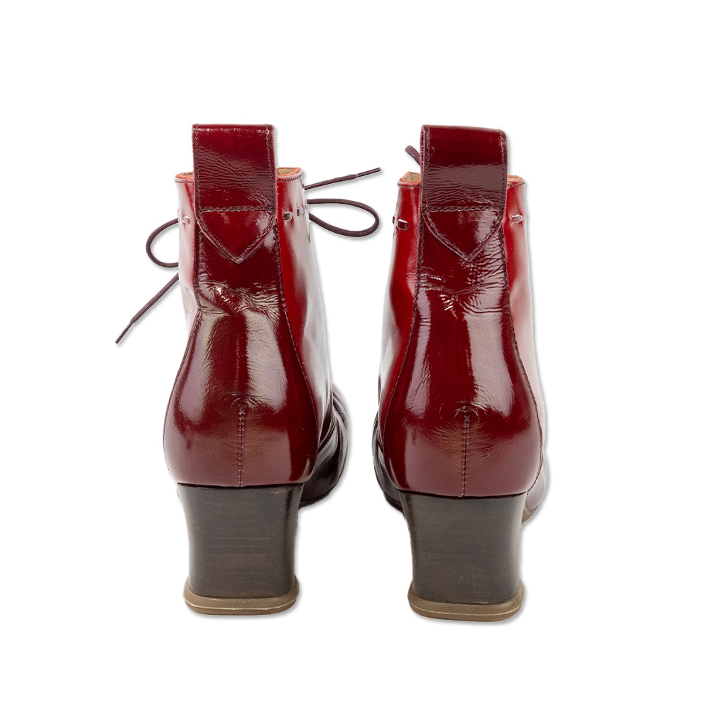 John Fluevog Red Patent Leather Lace Up Heeled Ankle Boots