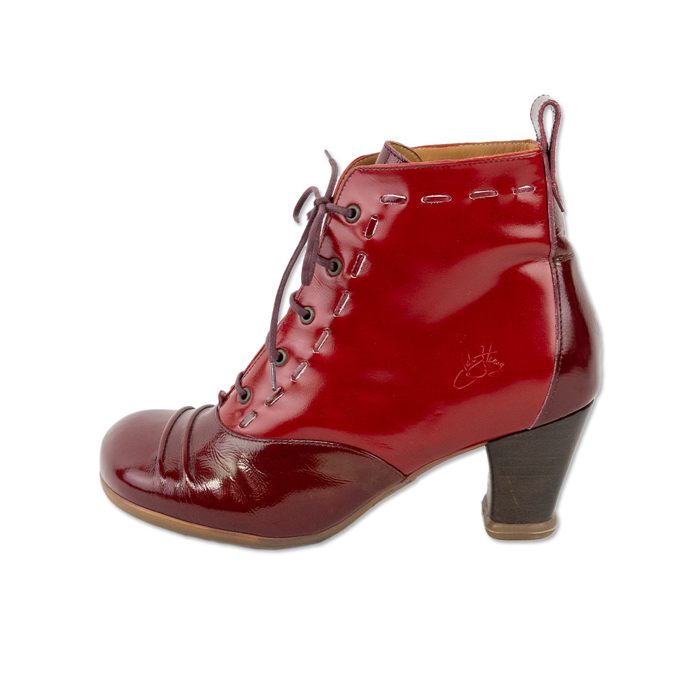 John Fluevog Red Patent Leather Lace Up Heeled Ankle Boots