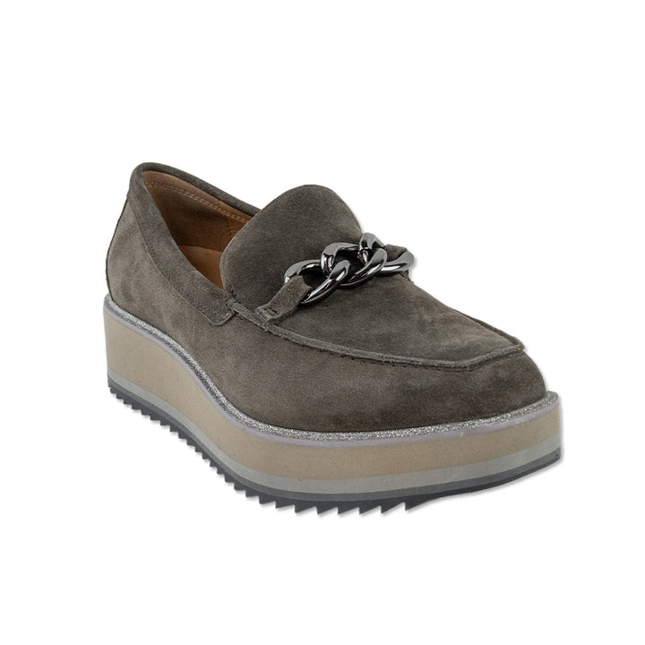 Johnston & Murphy Gracelyn Grey Suede Chain Platform Loafers