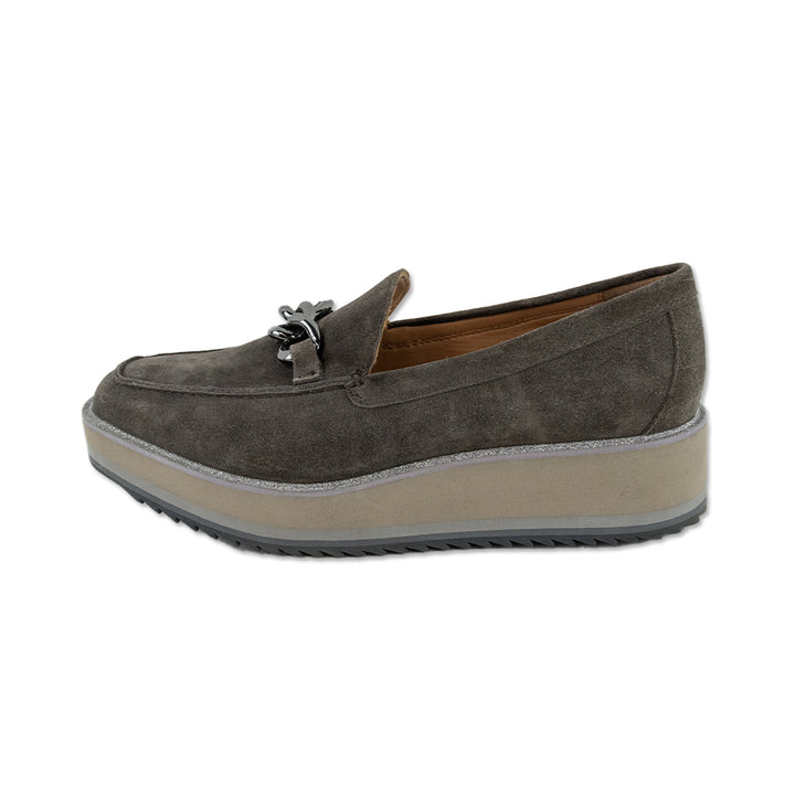 Johnston & Murphy Gracelyn Grey Suede Chain Platform Loafers