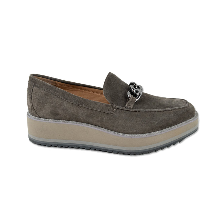 Johnston & Murphy Gracelyn Grey Suede Chain Platform Loafers