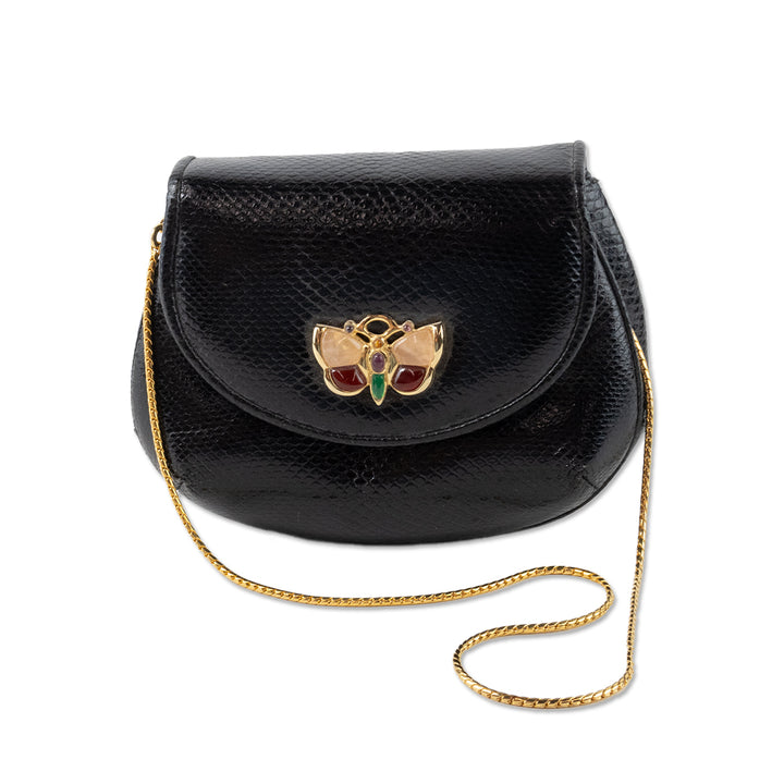 Judith Leiber Black Lizard Leather Mini Purse with Butterfly