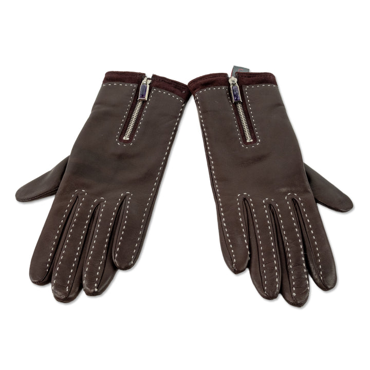 Judith Leiber Brown Leather Suede Trim Gloves