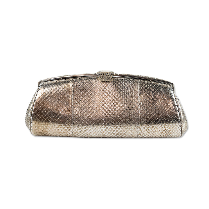 Judith Leiber Silver Snakeskin Crystal Embellished Clutch