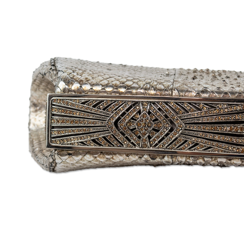 Judith Leiber Silver Snakeskin Crystal Embellished Clutch