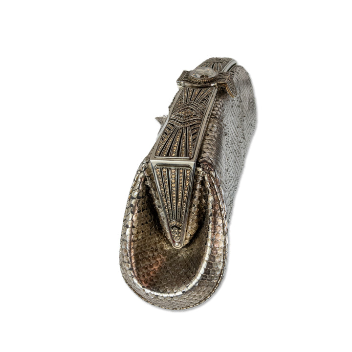 Judith Leiber Silver Snakeskin Crystal Embellished Clutch