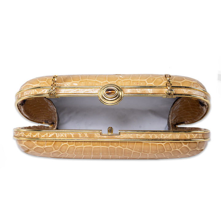 Judith Leiber Tan Crocodile Clutch with Gold Hardware