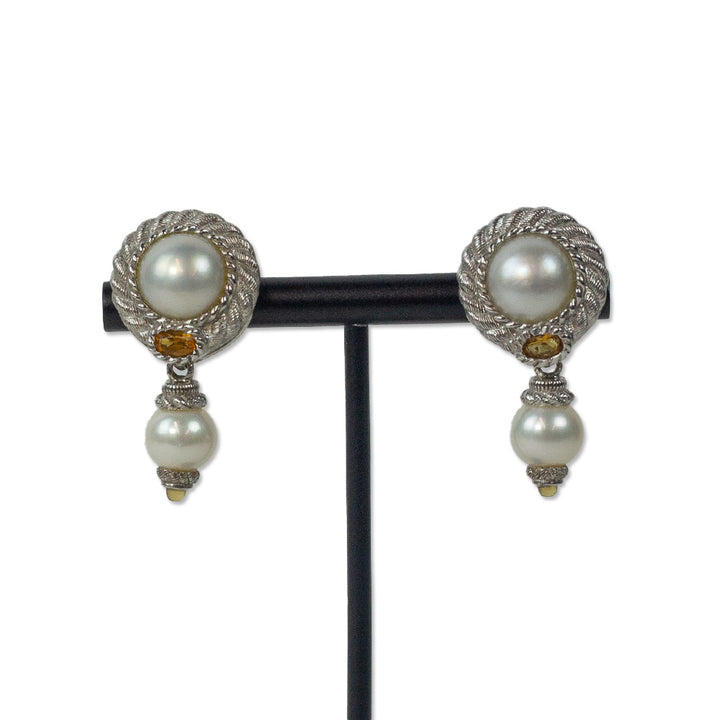 Judith Ripka Sterling Round Silver Pearl/Citrine/Ginger Quartz Drop Earrings