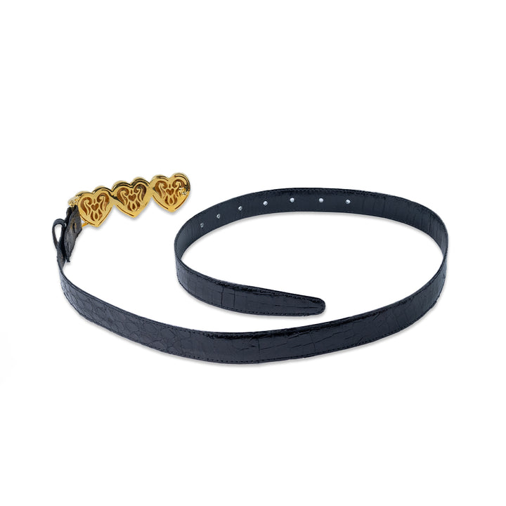 Kieselstein-Cord Black Genuine Crocodile Belt with Gold Hearts Buckle