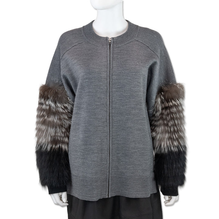 Kobi Halperin Grey Knit Fur-Sleeve Zip Cardigan