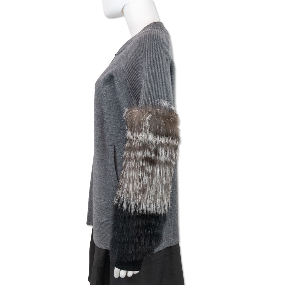 Kobi Halperin Grey Knit Fur-Sleeve Zip Cardigan