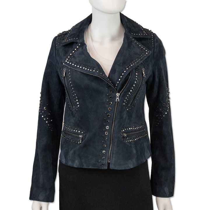 Kobi Halperin Veronica Studded Navy Suede Moto Jacket