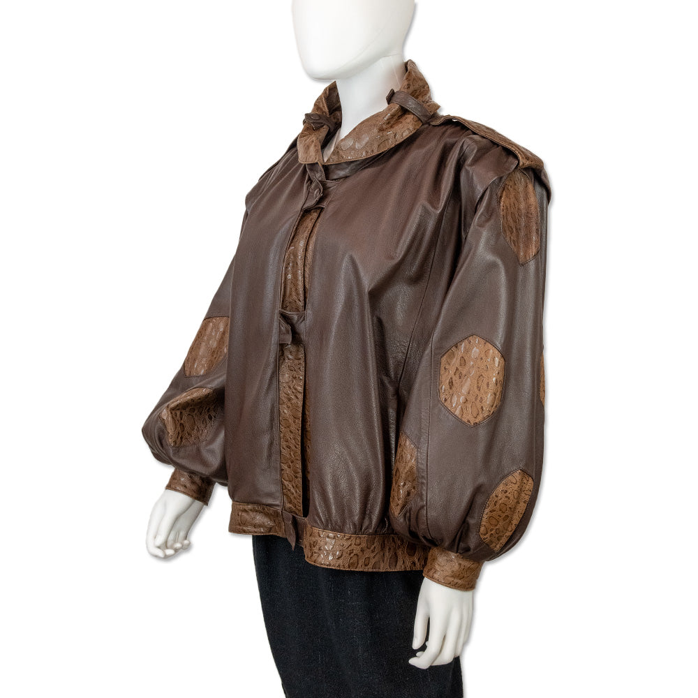 La Donna Brown Leather Puffed Sleeve Croc Accent Coat