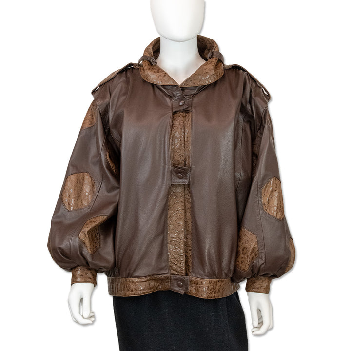 La Donna Brown Leather Puffed Sleeve Croc Accent Coat