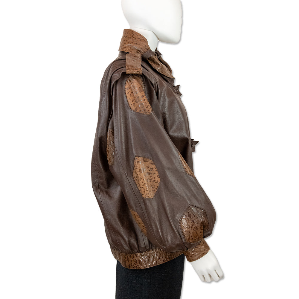 La Donna Brown Leather Puffed Sleeve Croc Accent Coat