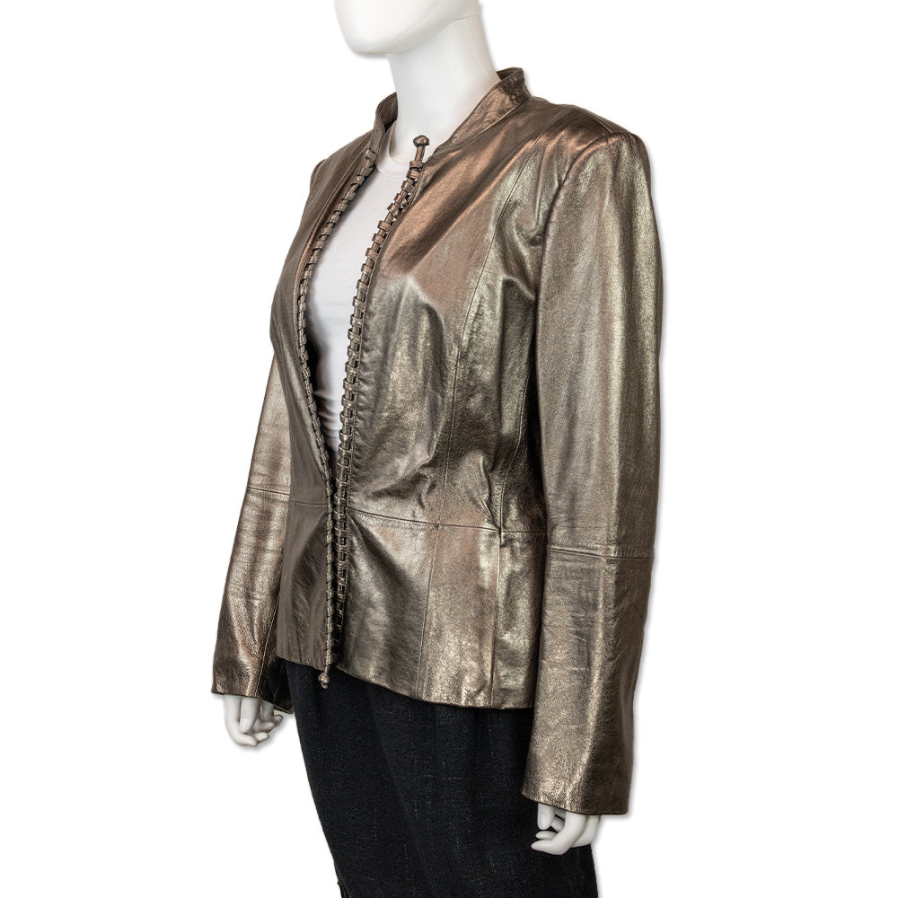 Lafayette 148 Woven Trim Metallic Pewter Leather Jacket