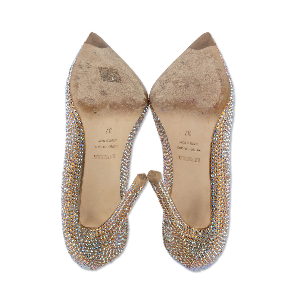 Le Silla Bronze Glitter Suede Crystal Pumps