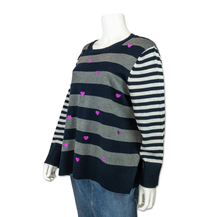 Lisa Todd Striped Long Sleeve Knit with Pink Embroidered Hearts