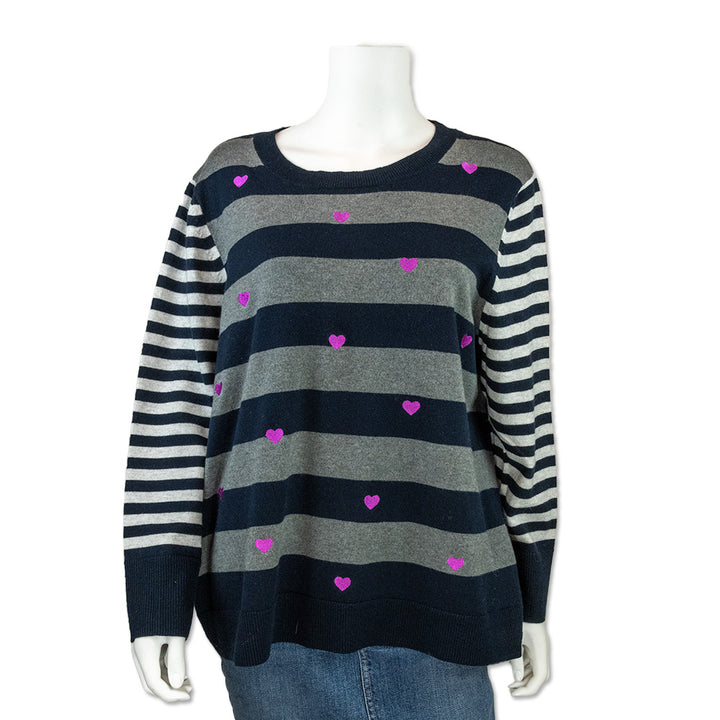 Lisa Todd Striped Long Sleeve Knit with Pink Embroidered Hearts