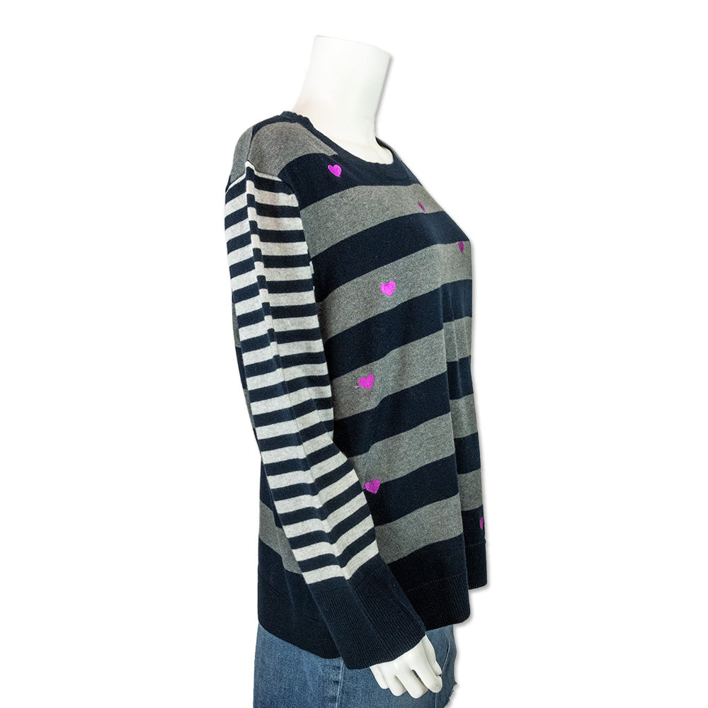 Lisa Todd Striped Long Sleeve Knit with Pink Embroidered Hearts