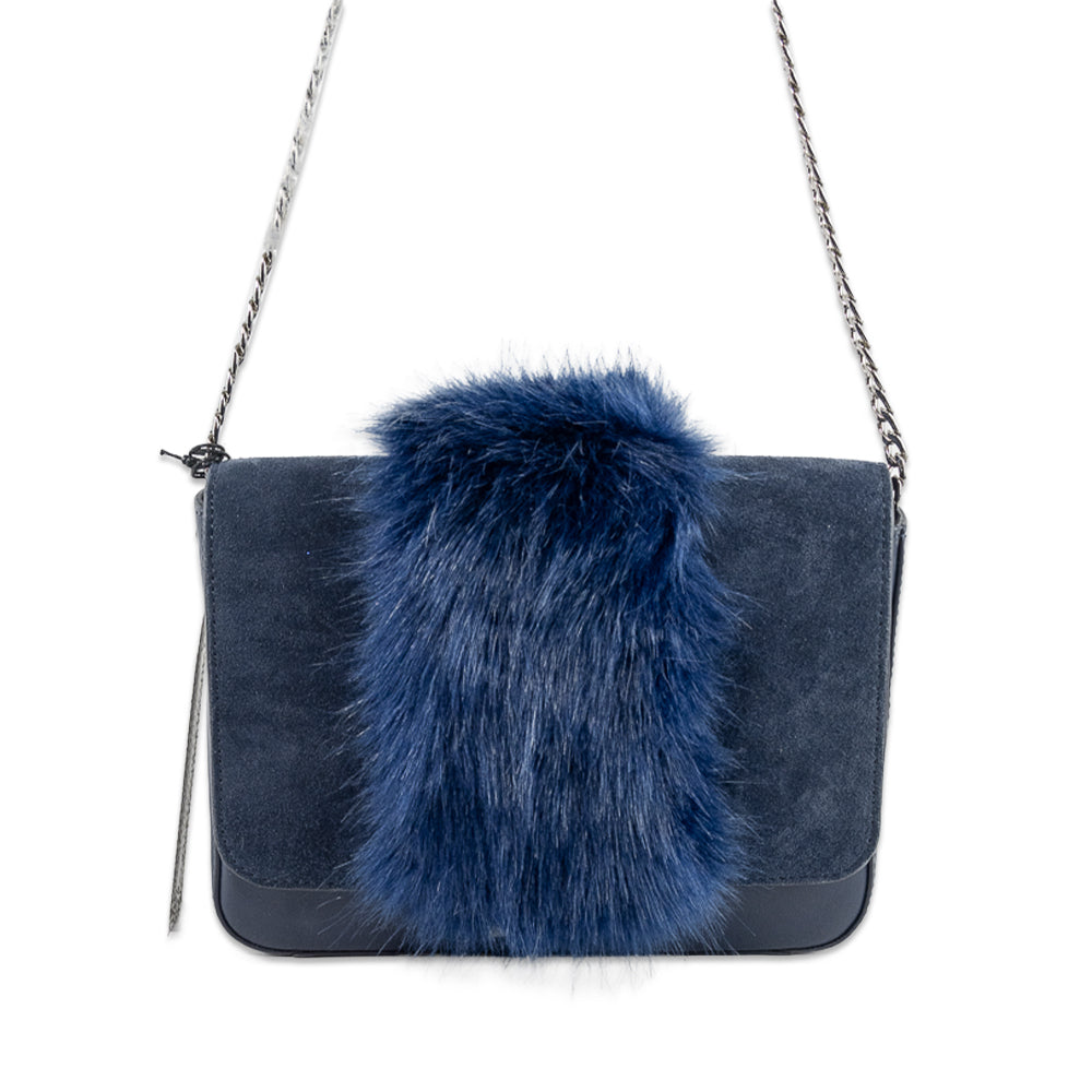 Loeffler Randall Navy Leather Faux Fur Crossbody Bag