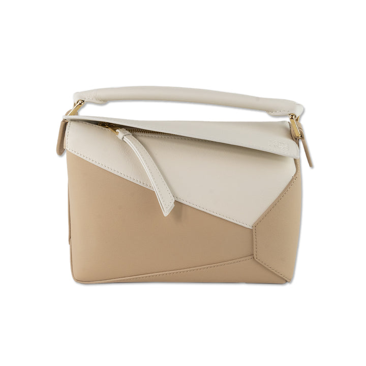 Loewe Small Puzzle Bag in Tan/ White Leather