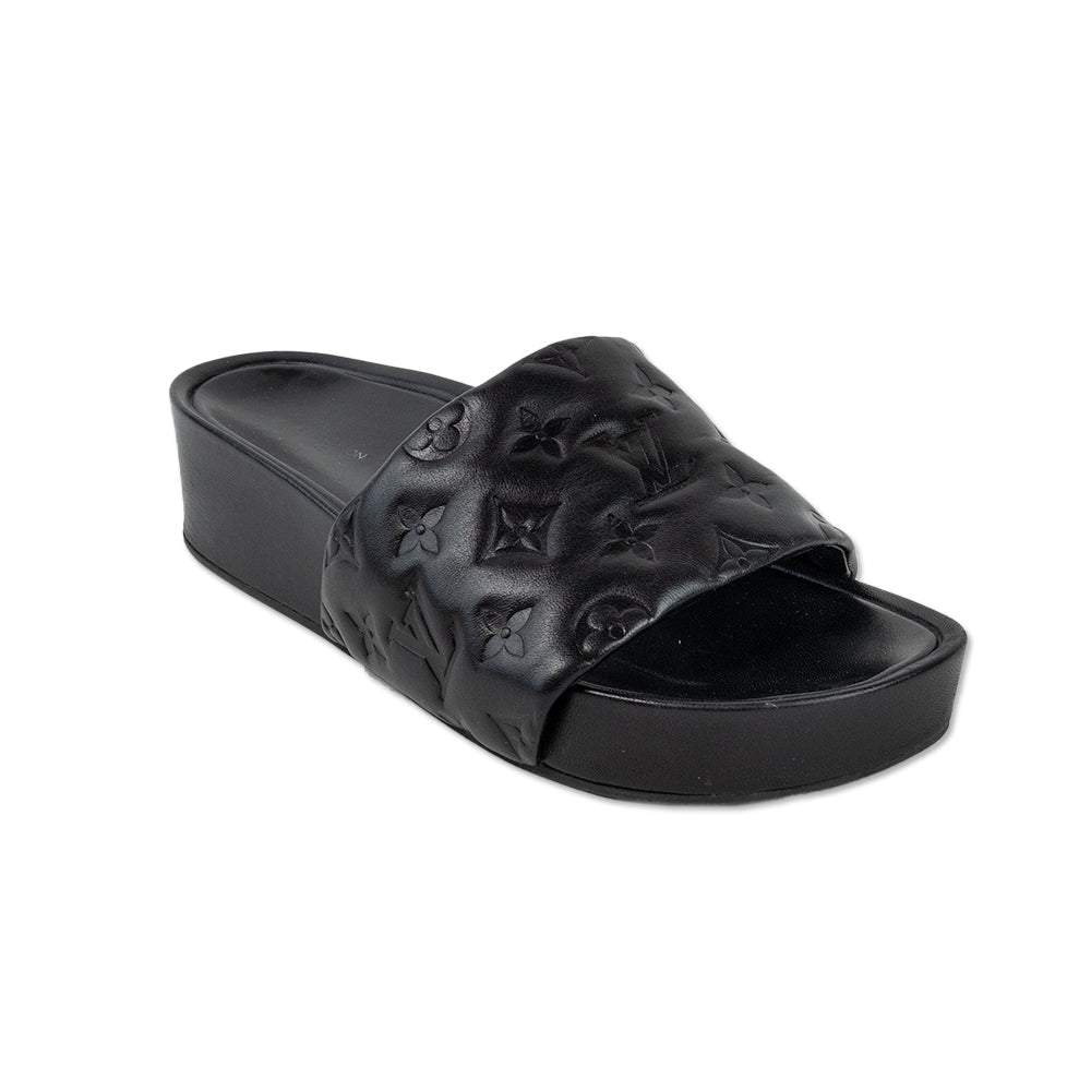 Louis Vuitton Black Lambskin Leather Monogram Slides