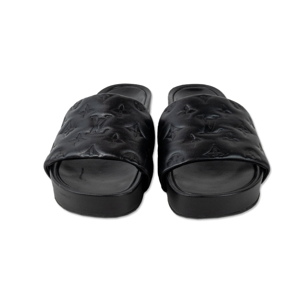 Louis Vuitton Black Lambskin Leather Monogram Slides