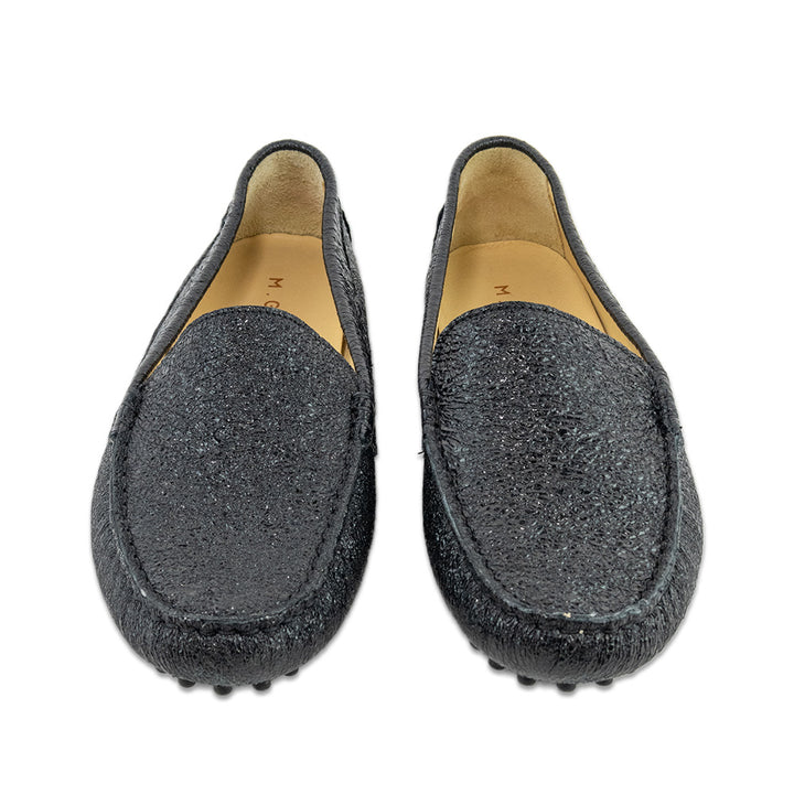 M.Gemi Felize Black Crinkle Leather Driver Loafers