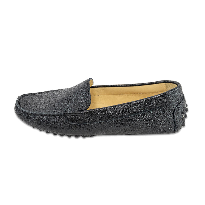 M.Gemi Felize Black Crinkle Leather Driver Loafers