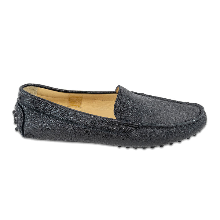 M.Gemi Felize Black Crinkle Leather Driver Loafers