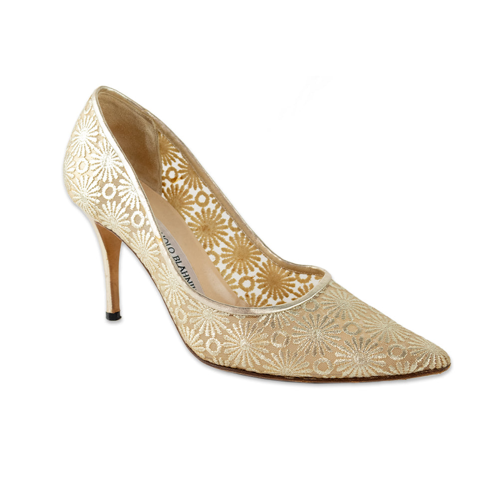 Manolo Blahnik Gold Brocade and Mesh Pointed Toe Pumps