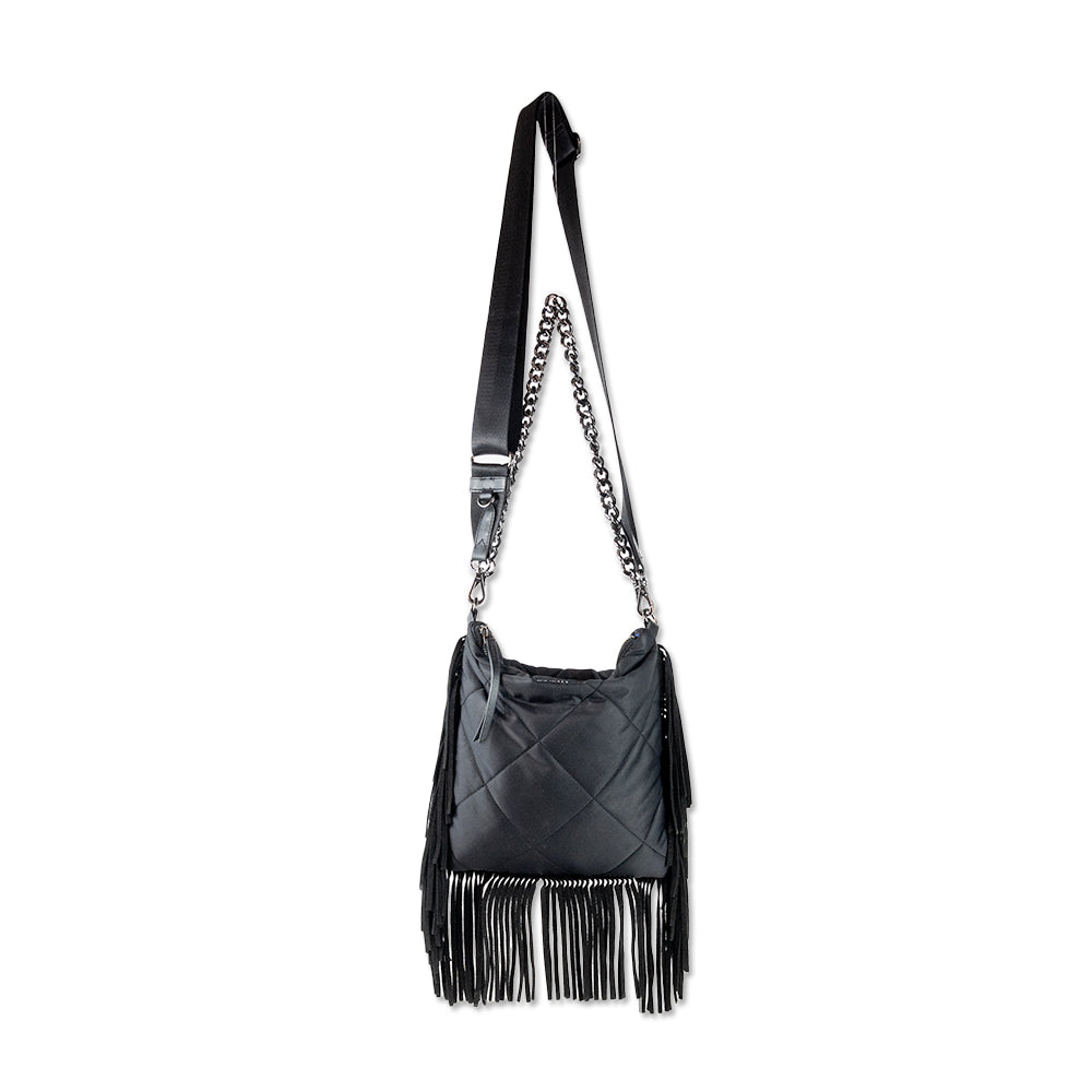 MZ Wallace Black Nylon Quilted Suede Fringe Madison Flat Crossbody