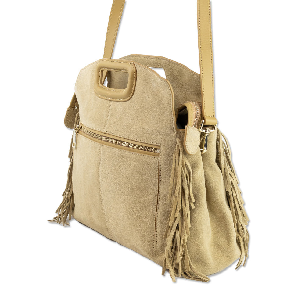 Maje Beige Suede Fringe Trim Shoulder Bag