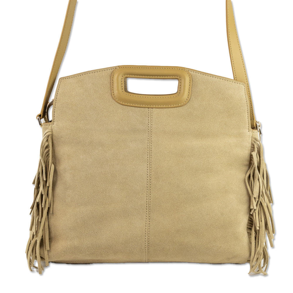 Maje Beige Suede Fringe Trim Shoulder Bag