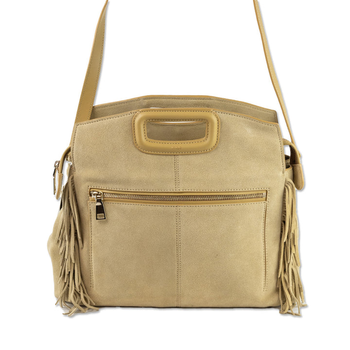 Maje Beige Suede Fringe Trim Shoulder Bag