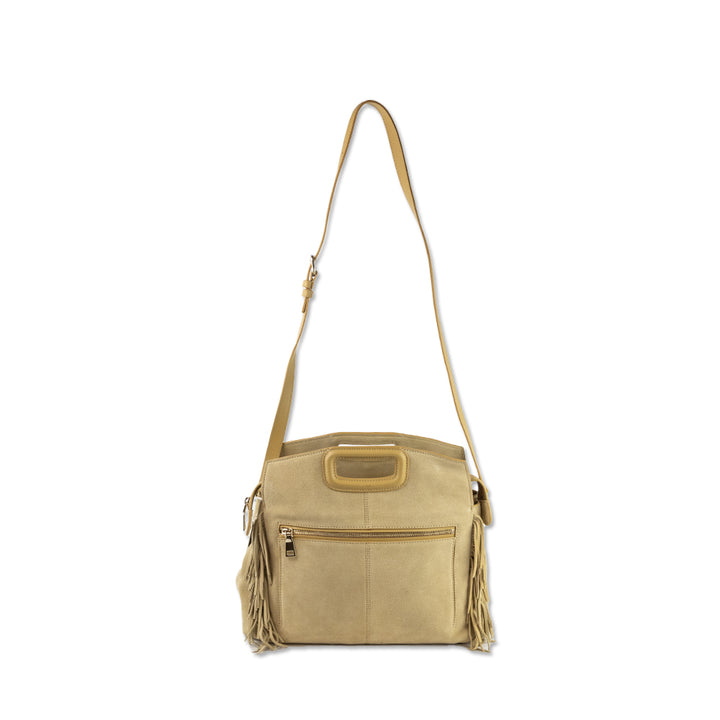 Maje Beige Suede Fringe Trim Shoulder Bag