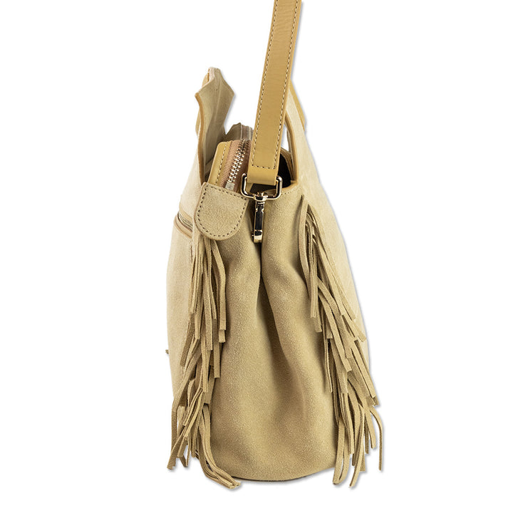 Maje Beige Suede Fringe Trim Shoulder Bag