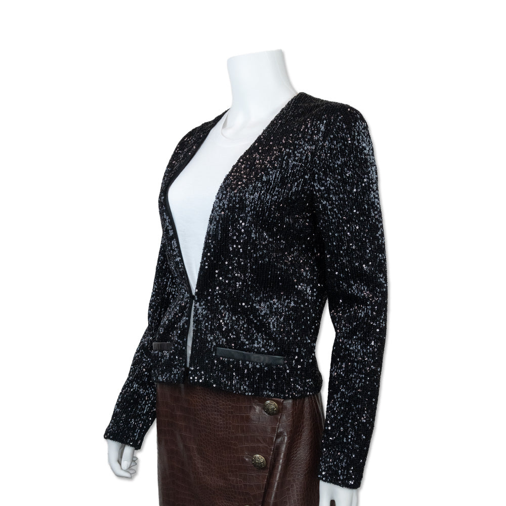 Maje Long Sleeve V Neck Black Sequin Cropped Jacket